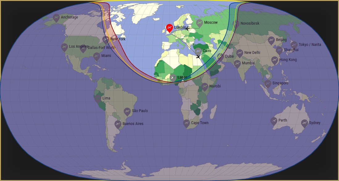Interactive SVG map showing the flight range of a A320 from London Heathrow Airport (LHR) with real wind data.