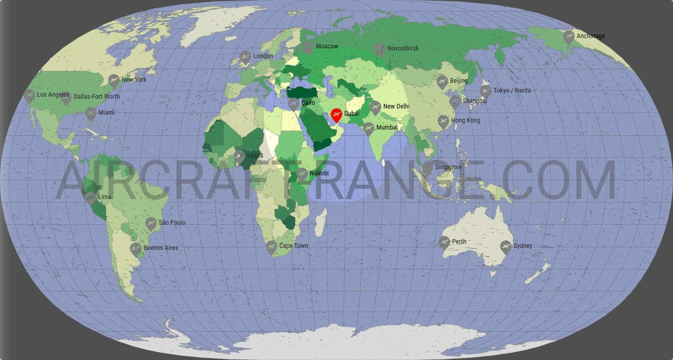 A320 flight range map from Dubai International Airport (DXB) with real wind data