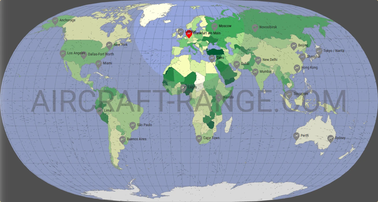 A320 flight range map from Frankfurt am Main Airport (FRA) with real wind data