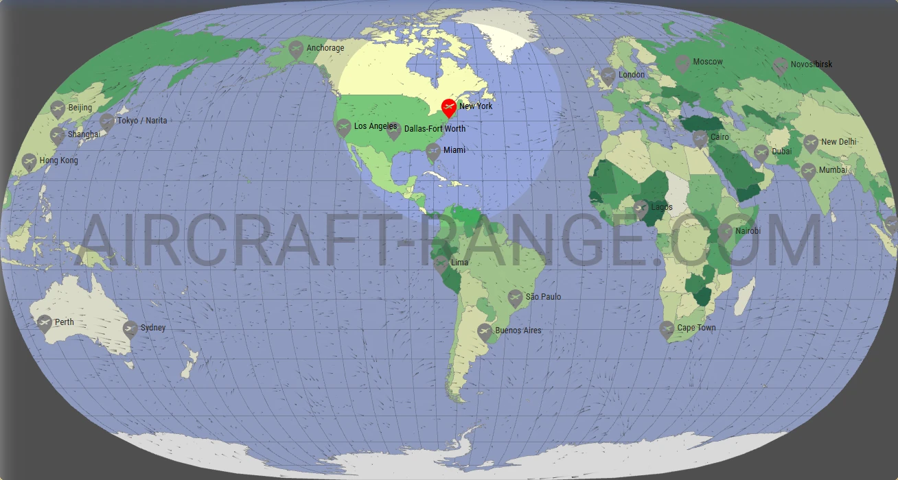 A320 flight range map from John F Kennedy International Airport (JFK) with real wind data