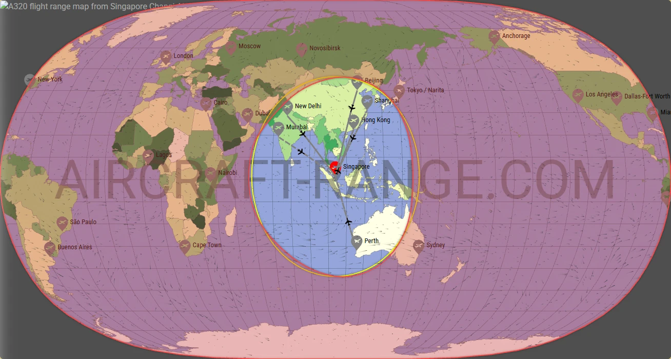 A320 flight range map from Singapore Changi Airport (SIN) with real wind data