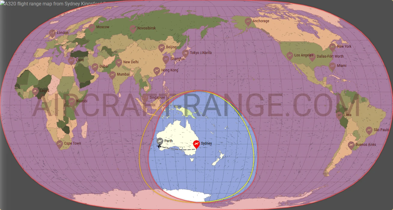 A320 flight range map from Sydney Kingsford Smith International Airport (SYD) with real wind data