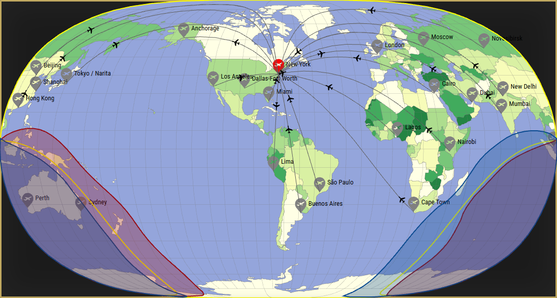 Interactive SVG map showing the flight range of a A350-900 XWB from John F Kennedy International Airport (JFK) with real wind data.