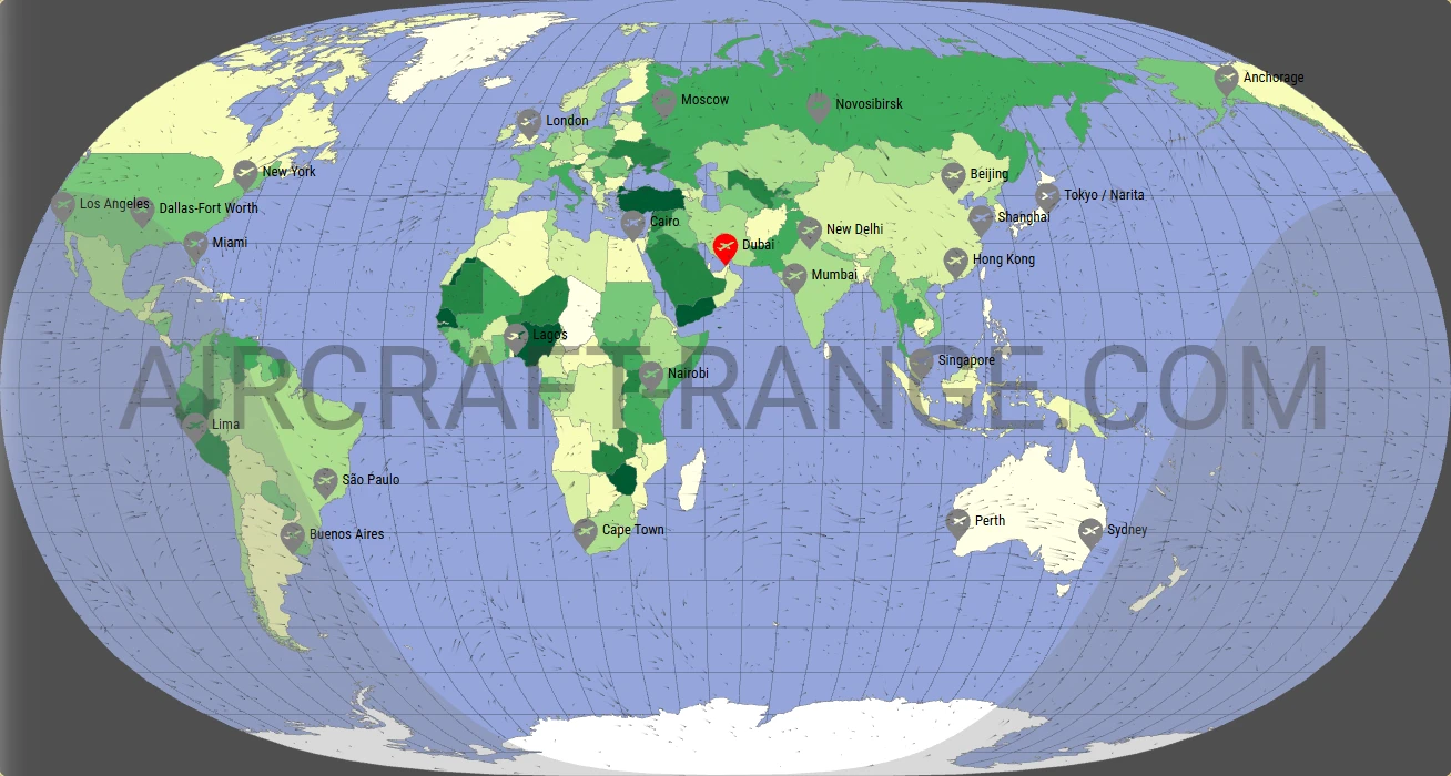 A350-900 XWB flight range map from Dubai International Airport (DXB) with real wind data