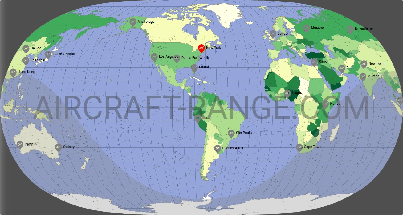 A350-900 XWB flight range map from John F Kennedy International Airport (JFK) with real wind data