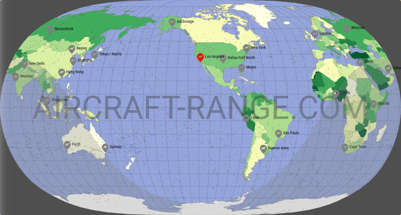 A350-900 XWB flight range map from Los Angeles International Airport (LAX) with real wind data