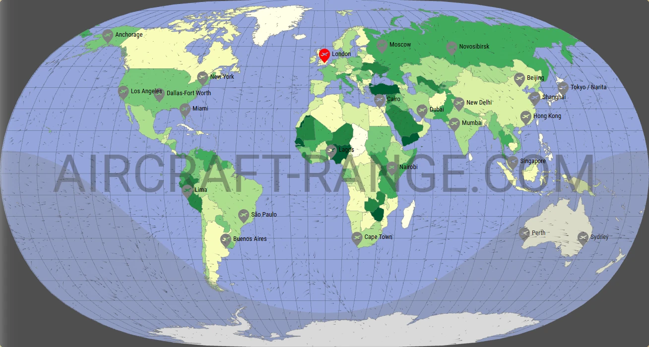 A350-900 XWB flight range map from London Heathrow Airport (LHR) with real wind data