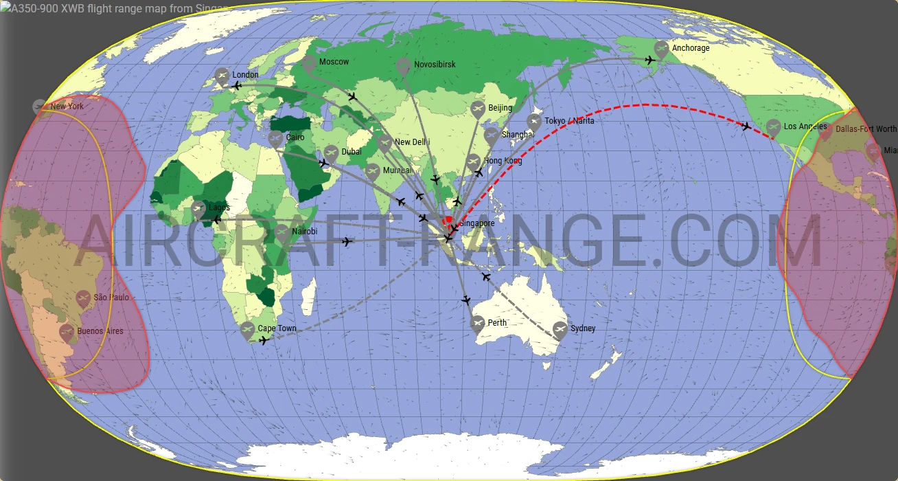 A350-900 XWB flight range map from Singapore Changi Airport (SIN) with real wind data
