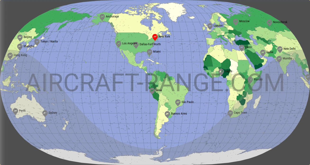 Airbus A380-800 flight range map from John F Kennedy International Airport (JFK) with real wind data