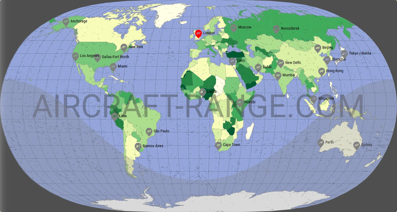 Airbus A380-800 flight range map from London Heathrow Airport (LHR) with real wind data