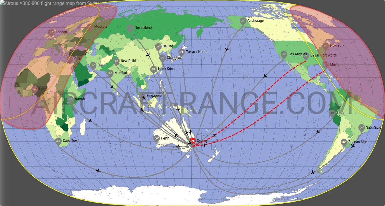 Airbus A380-800 flight range map from Sydney Kingsford Smith International Airport (SYD) with real wind data