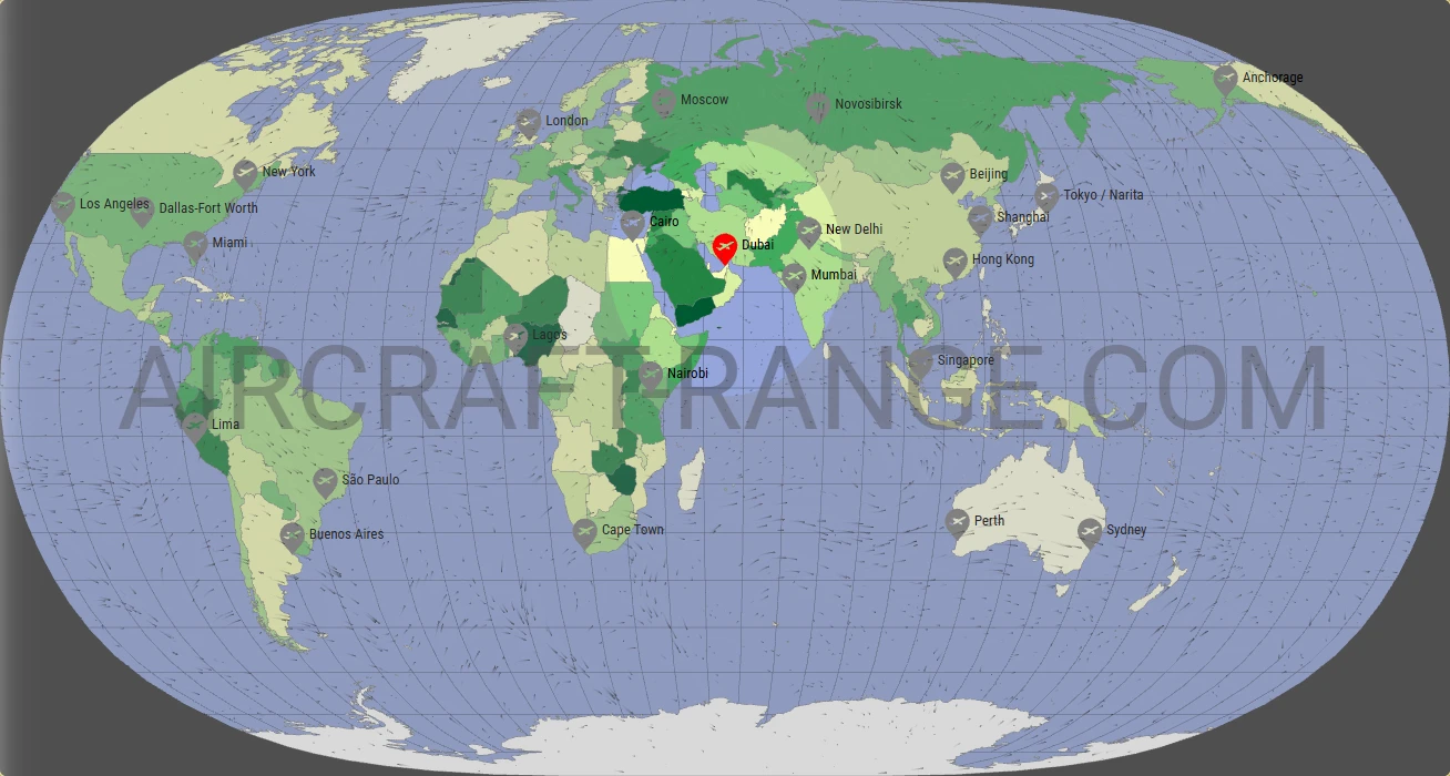 Boeing 737-800 flight range map from Dubai International Airport (DXB) with real wind data