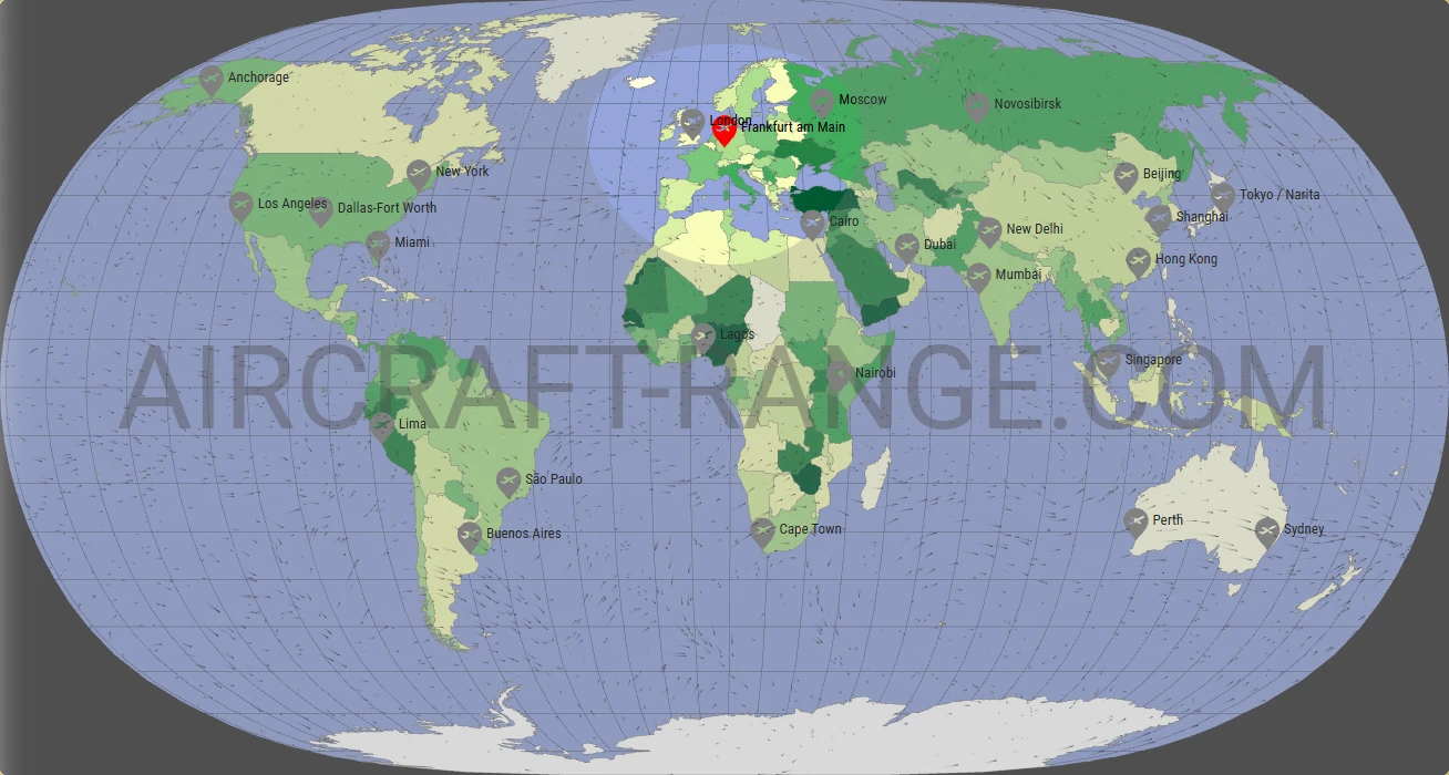 Boeing 737-800 flight range map from Frankfurt am Main Airport (FRA) with real wind data