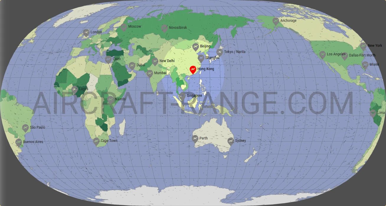 Boeing 737-800 flight range map from Hong Kong International Airport (HKG) with real wind data
