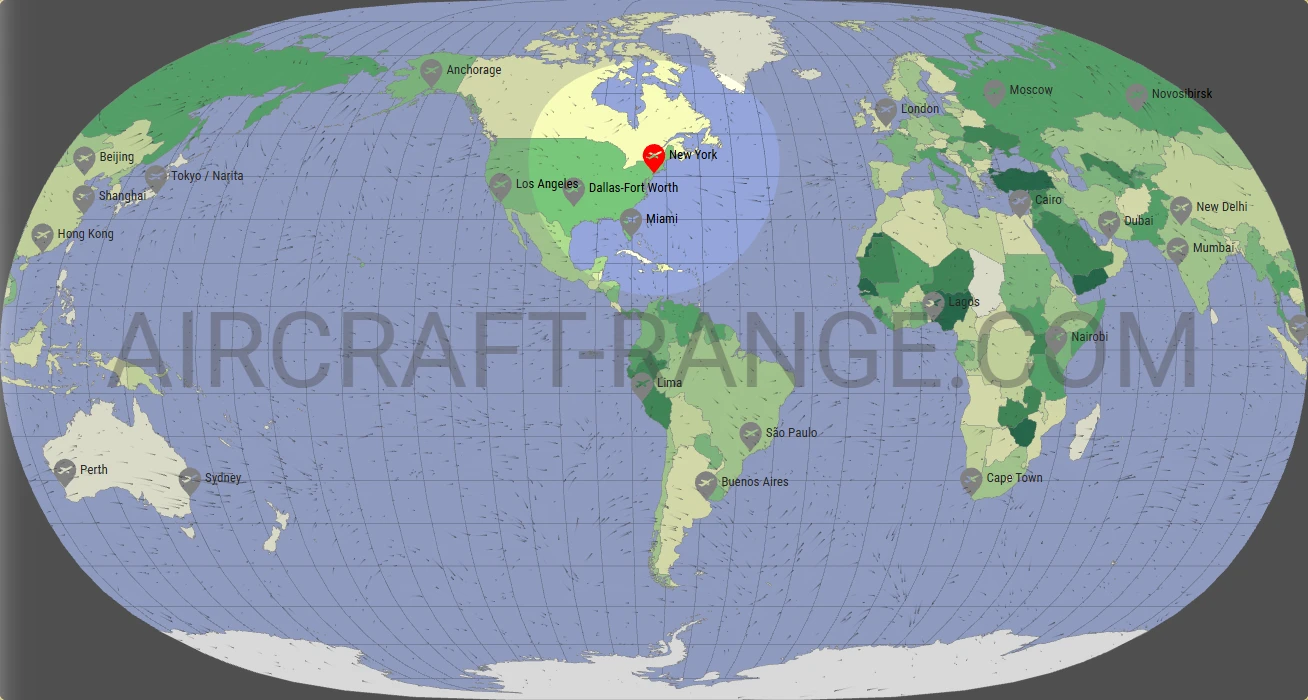 Boeing 737-800 flight range map from John F Kennedy International Airport (JFK) with real wind data