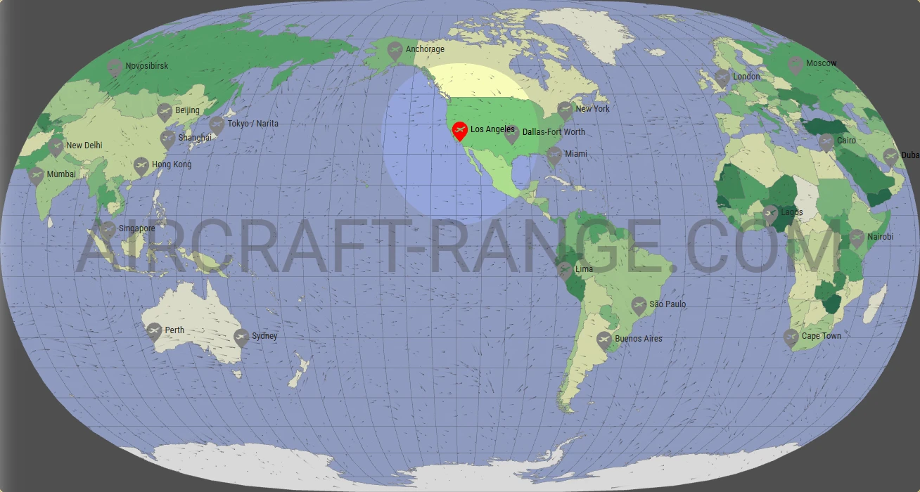 Boeing 737-800 flight range map from Los Angeles International Airport (LAX) with real wind data
