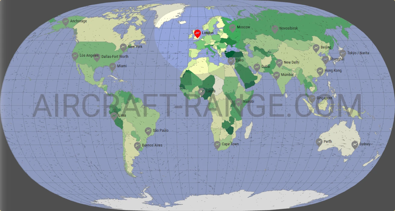 Boeing 737-800 flight range map from London Heathrow Airport (LHR) with real wind data