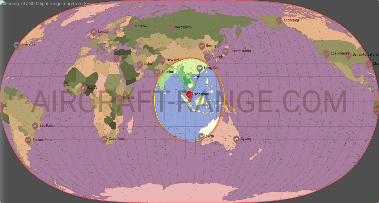 Boeing 737-800 flight range map from Singapore Changi Airport (SIN) with real wind data
