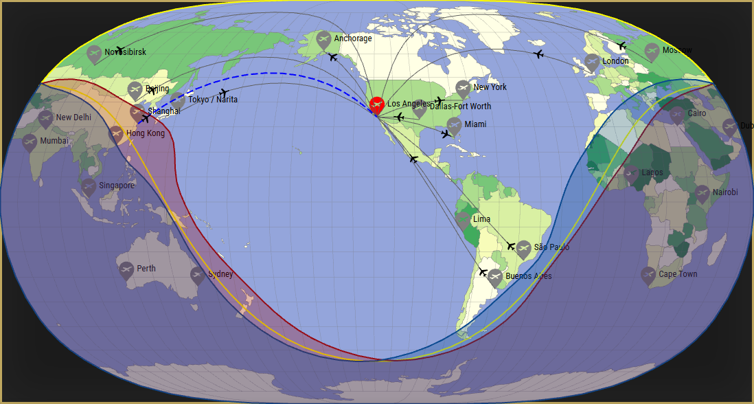 Interactive SVG map showing the flight range of a BOEING 777-300 from Los Angeles International Airport (LAX) with real wind data.