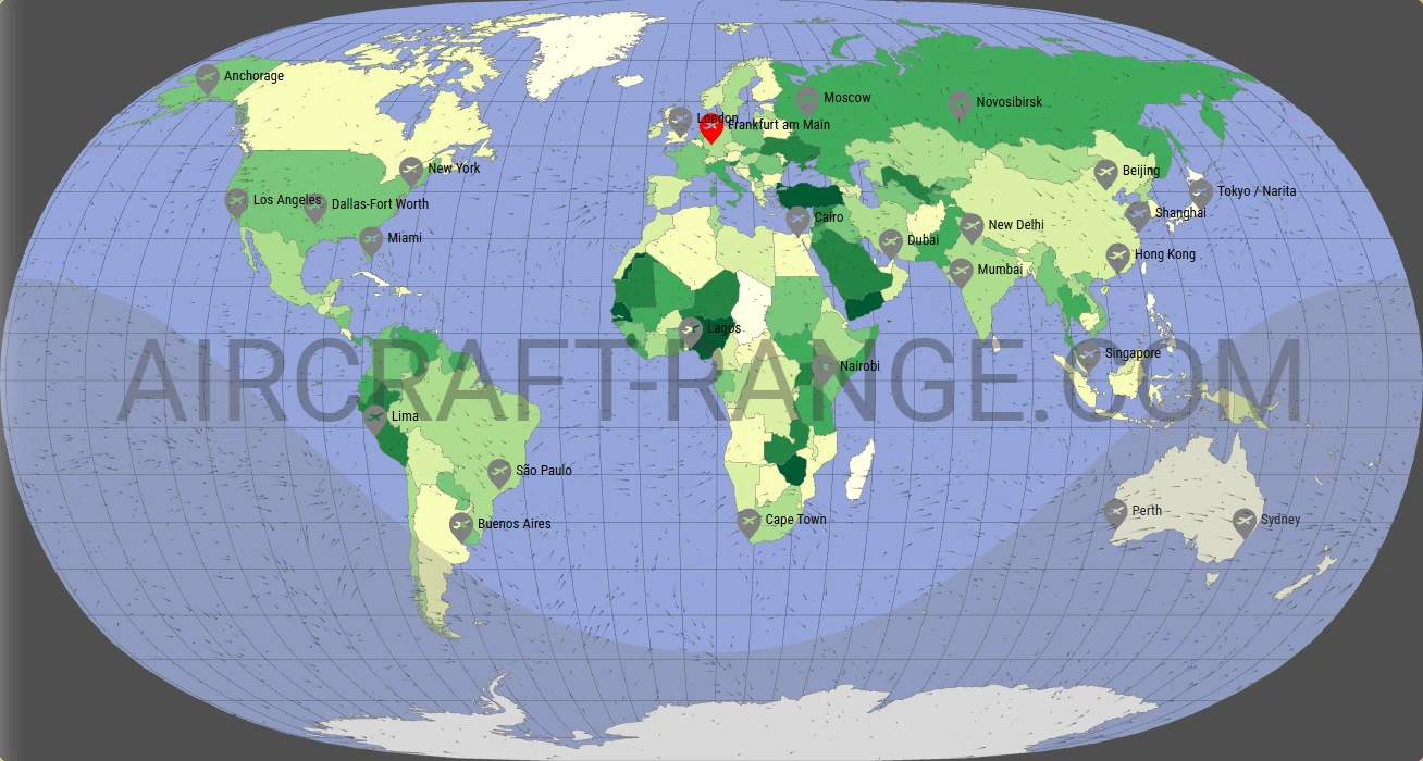 Boeing 777-300ER flight range map from Frankfurt am Main Airport (FRA) with real wind data