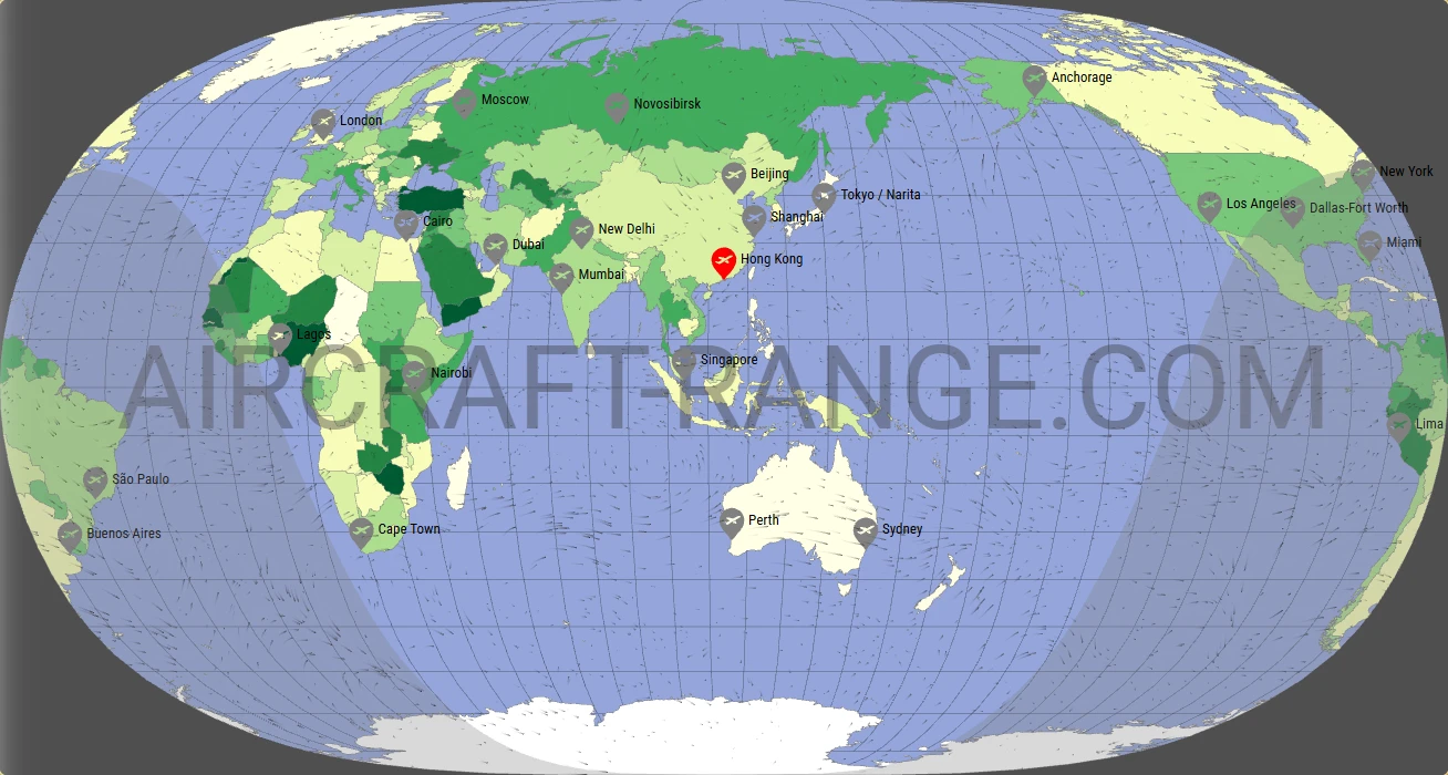 Boeing 777-300ER flight range map from Hong Kong International Airport (HKG) with real wind data