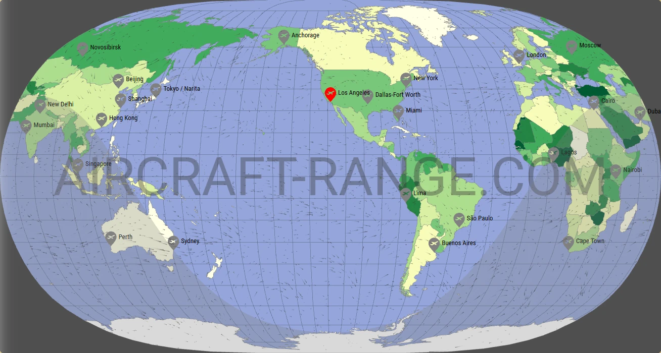 Boeing 777-300ER flight range map from Los Angeles International Airport (LAX) with real wind data