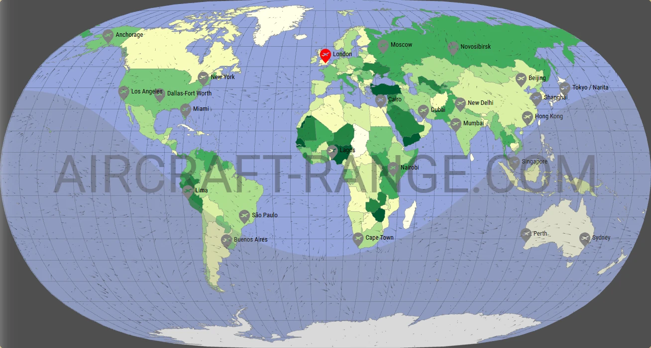 Boeing 777-300ER flight range map from London Heathrow Airport (LHR) with real wind data