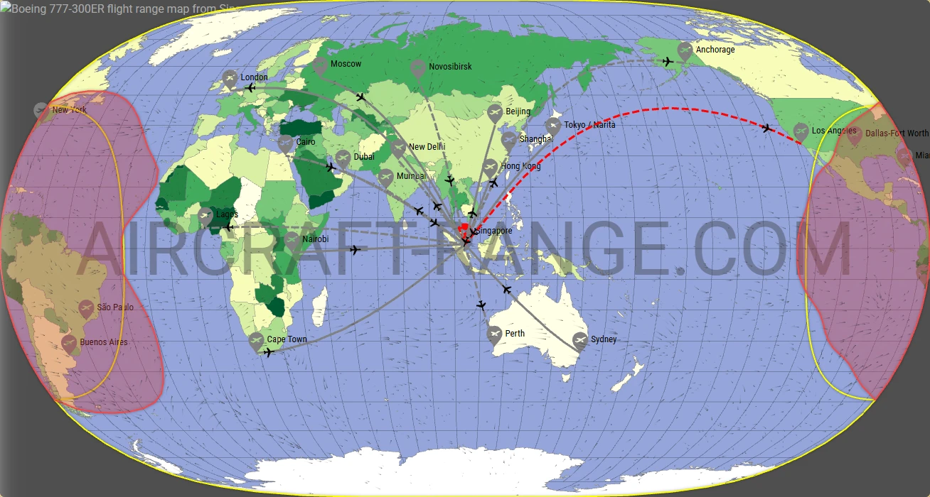 Boeing 777-300ER flight range map from Singapore Changi Airport (SIN) with real wind data
