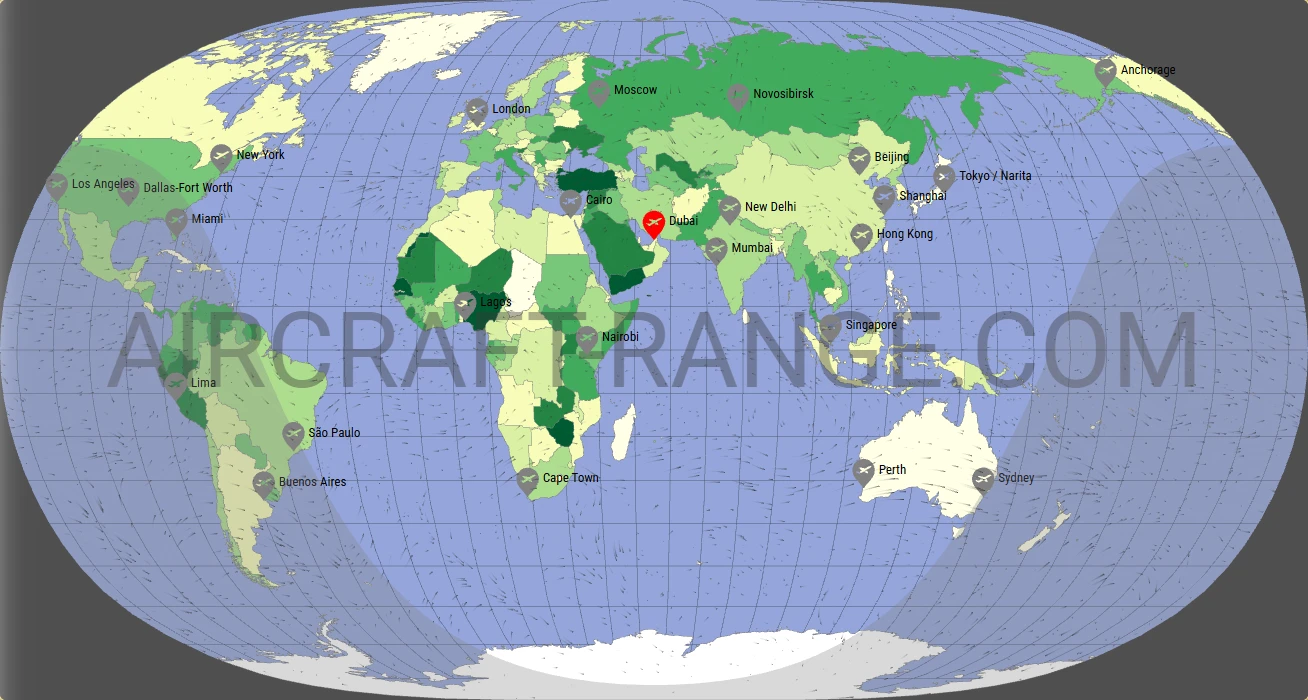 Boeing 787-8 Dreamliner flight range map from Dubai International Airport (DXB) with real wind data