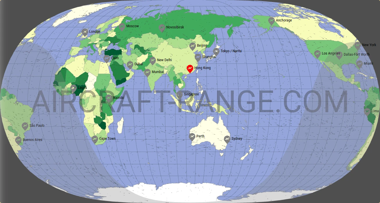 Boeing 787-8 Dreamliner flight range map from Hong Kong International Airport (HKG) with real wind data