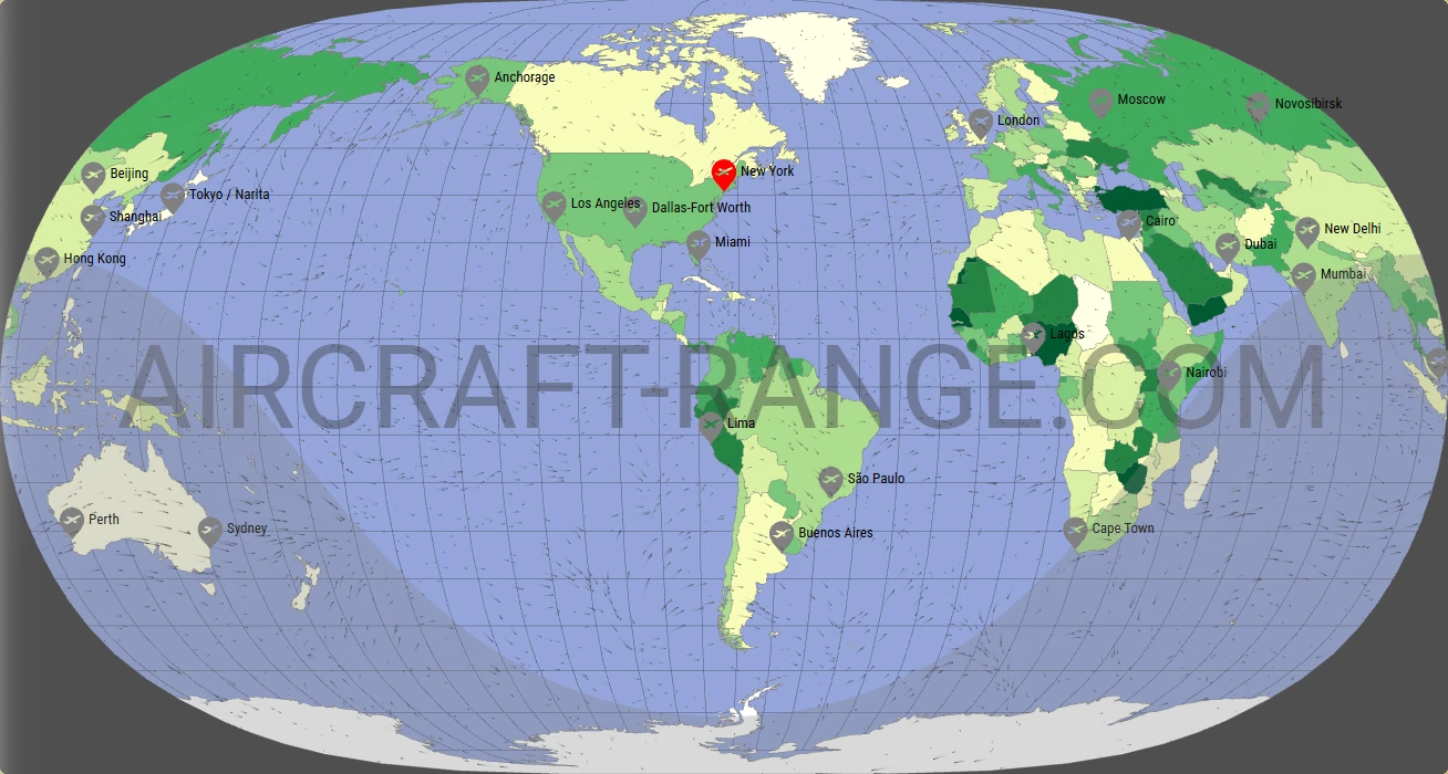 Boeing 787-8 Dreamliner flight range map from John F Kennedy International Airport (JFK) with real wind data