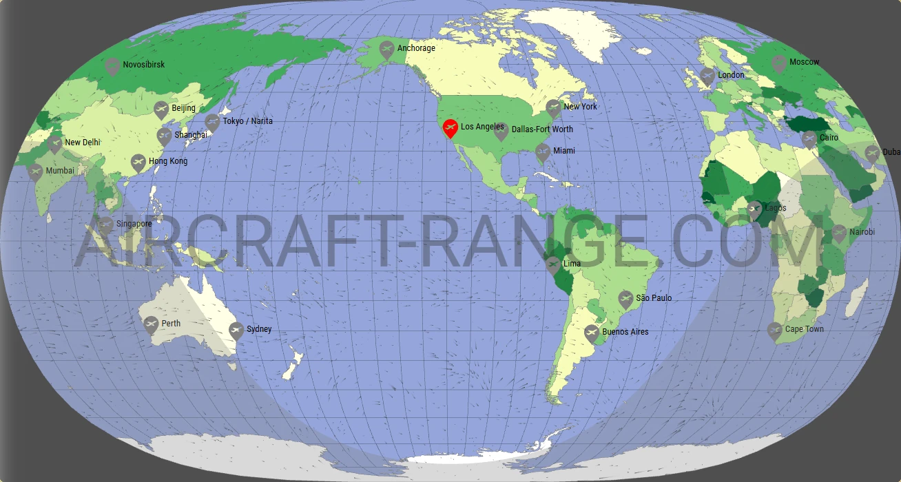Boeing 787-8 Dreamliner flight range map from Los Angeles International Airport (LAX) with real wind data