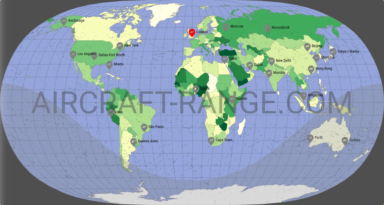 Boeing 787-8 Dreamliner flight range map from London Heathrow Airport (LHR) with real wind data