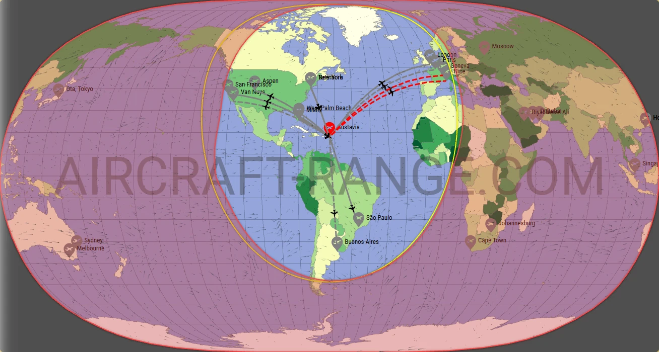 Challenger 650 broker route map from St. Jean Airport (TFFJ)