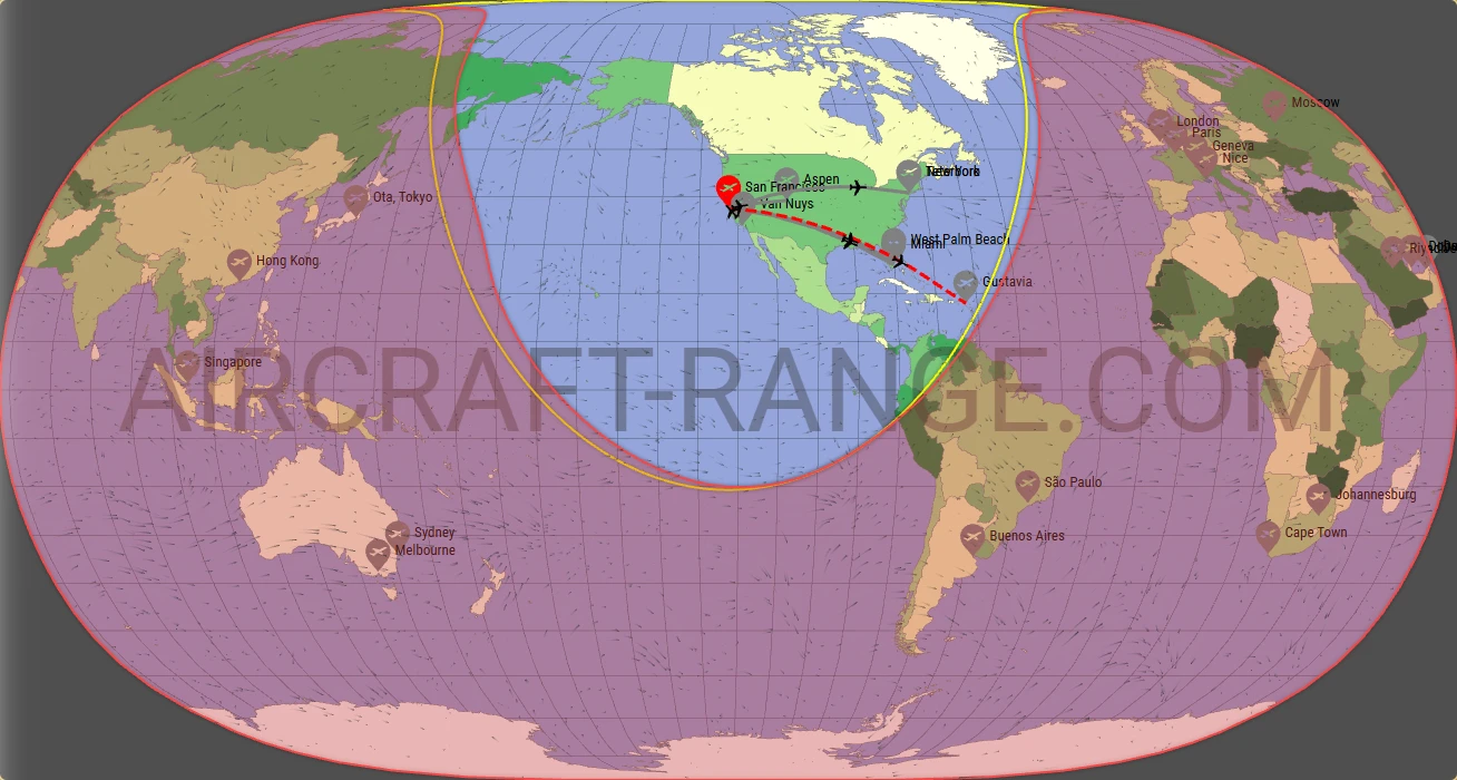 Citation Longitude broker route map from San Francisco International Airport (KSFO)
