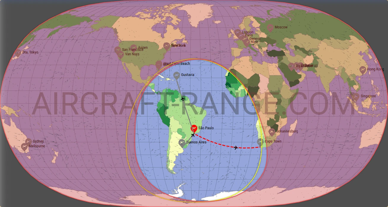 Citation Longitude broker route map from São Paulo/Guarulhos–Governor André Franco Montoro International Airport (SBGR)