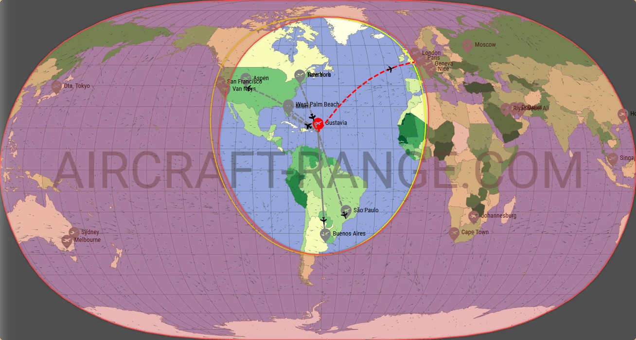 Citation Longitude broker route map from St. Jean Airport (TFFJ)