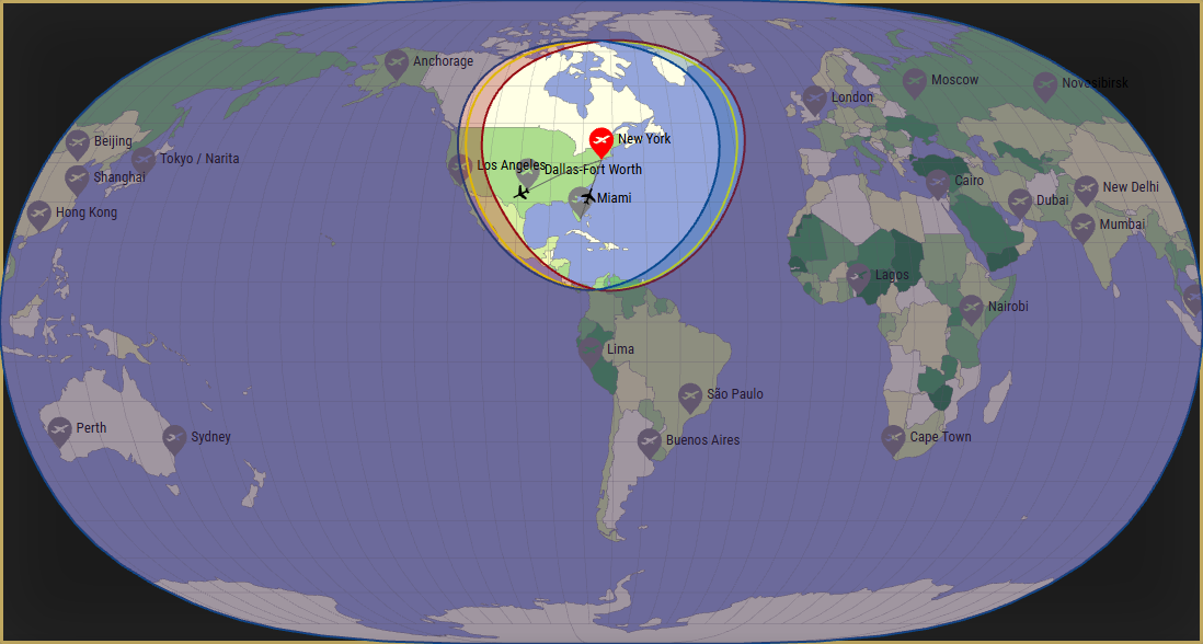 Interactive SVG map showing the flight range of a Embraer 505 Phenom 300 from John F Kennedy International Airport (JFK) with real wind data.