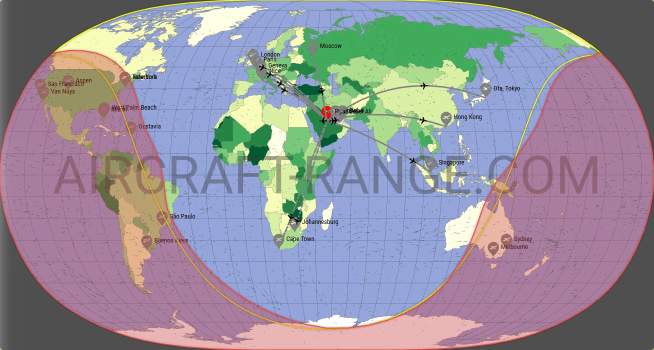 Falcon 7X broker route map from King Khalid International Airport (OERK)