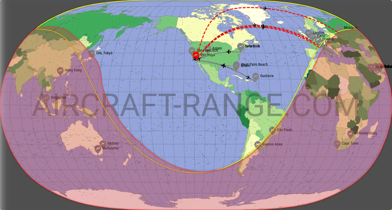 Global 5000 broker route map from Van Nuys Airport (KVNY)