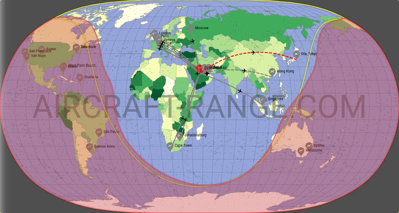 Global 5000 broker route map from King Khalid International Airport (OERK)