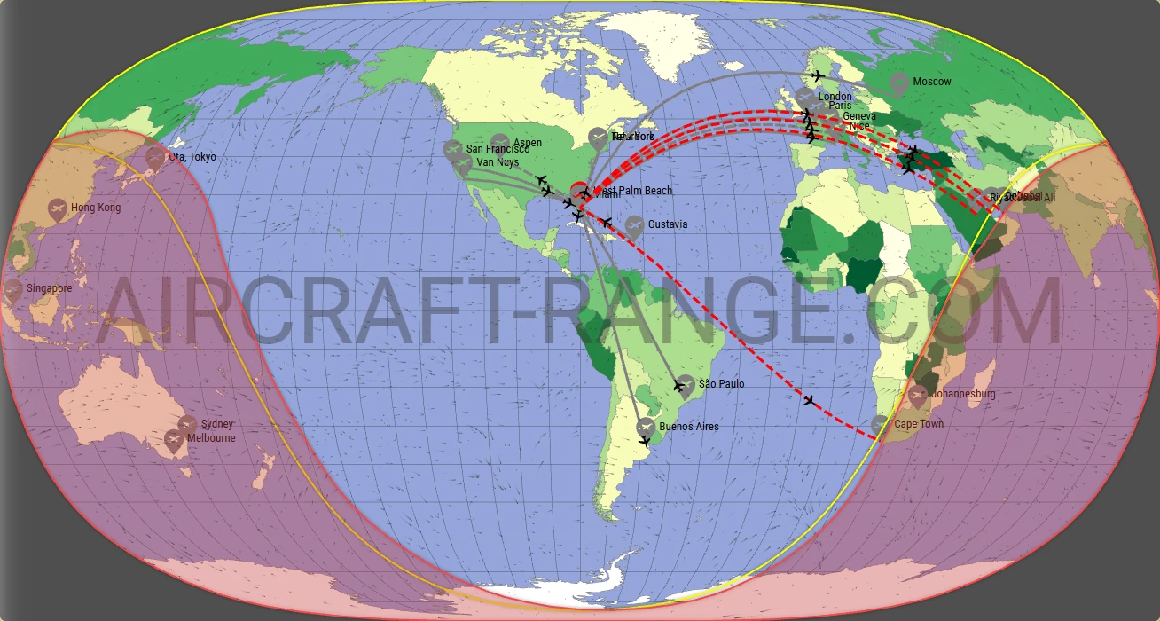 Global 6500 broker route map from Palm Beach International Airport (KPBI)