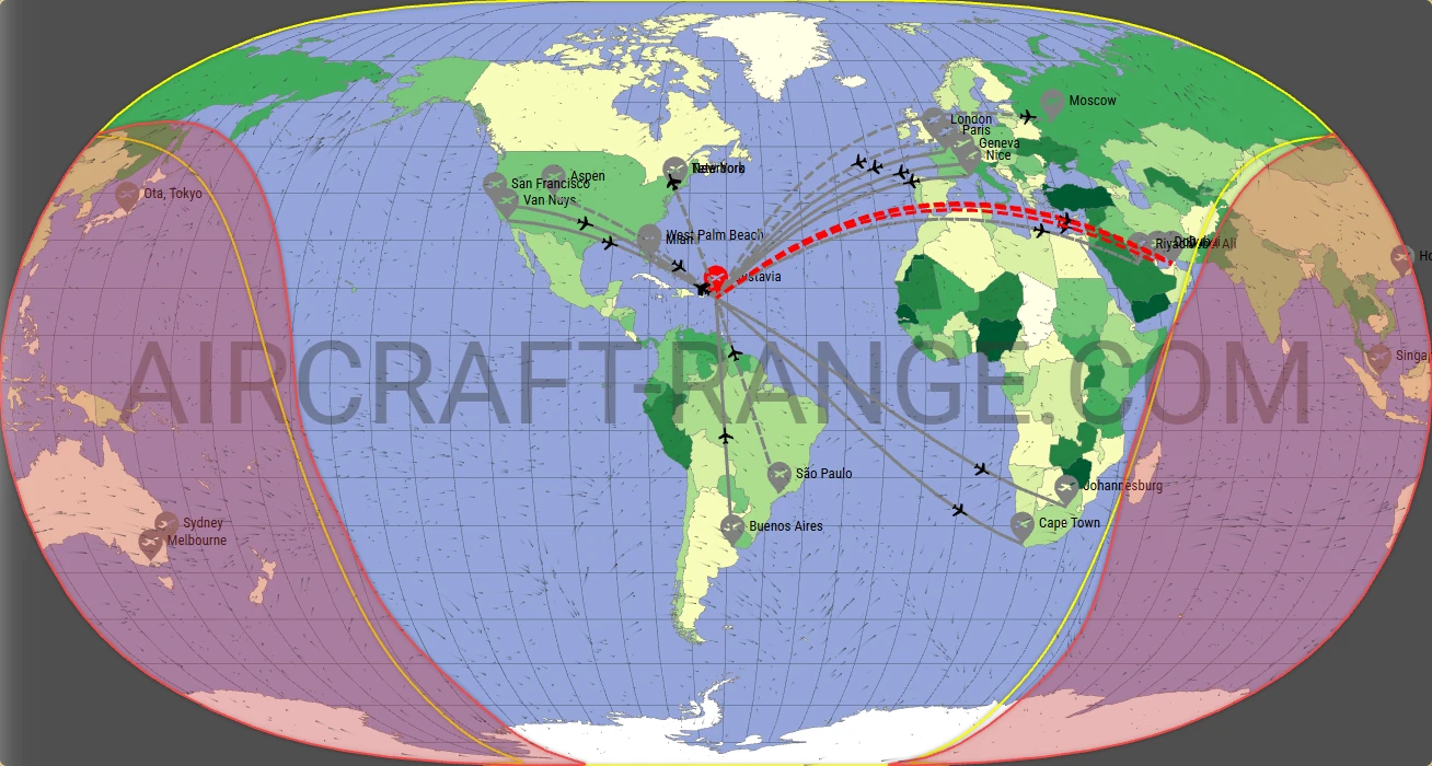 Global 6500 broker route map from St. Jean Airport (TFFJ)