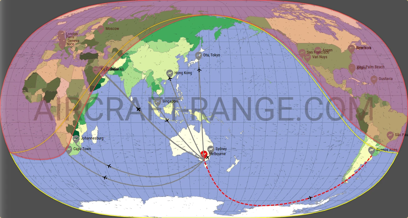 Global 6500 broker route map from Melbourne Airport (YMML)