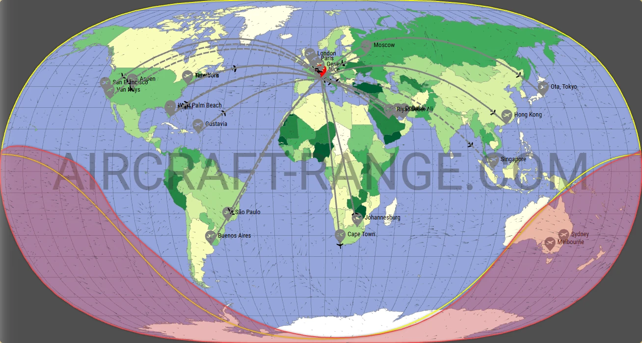 Global 7500 broker route map from Nice-Côte d'Azur Airport (LFMN)