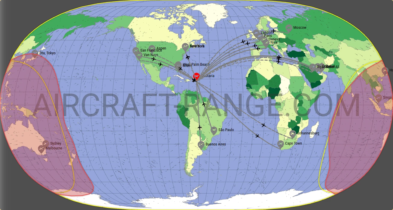 Global 7500 broker route map from St. Jean Airport (TFFJ)