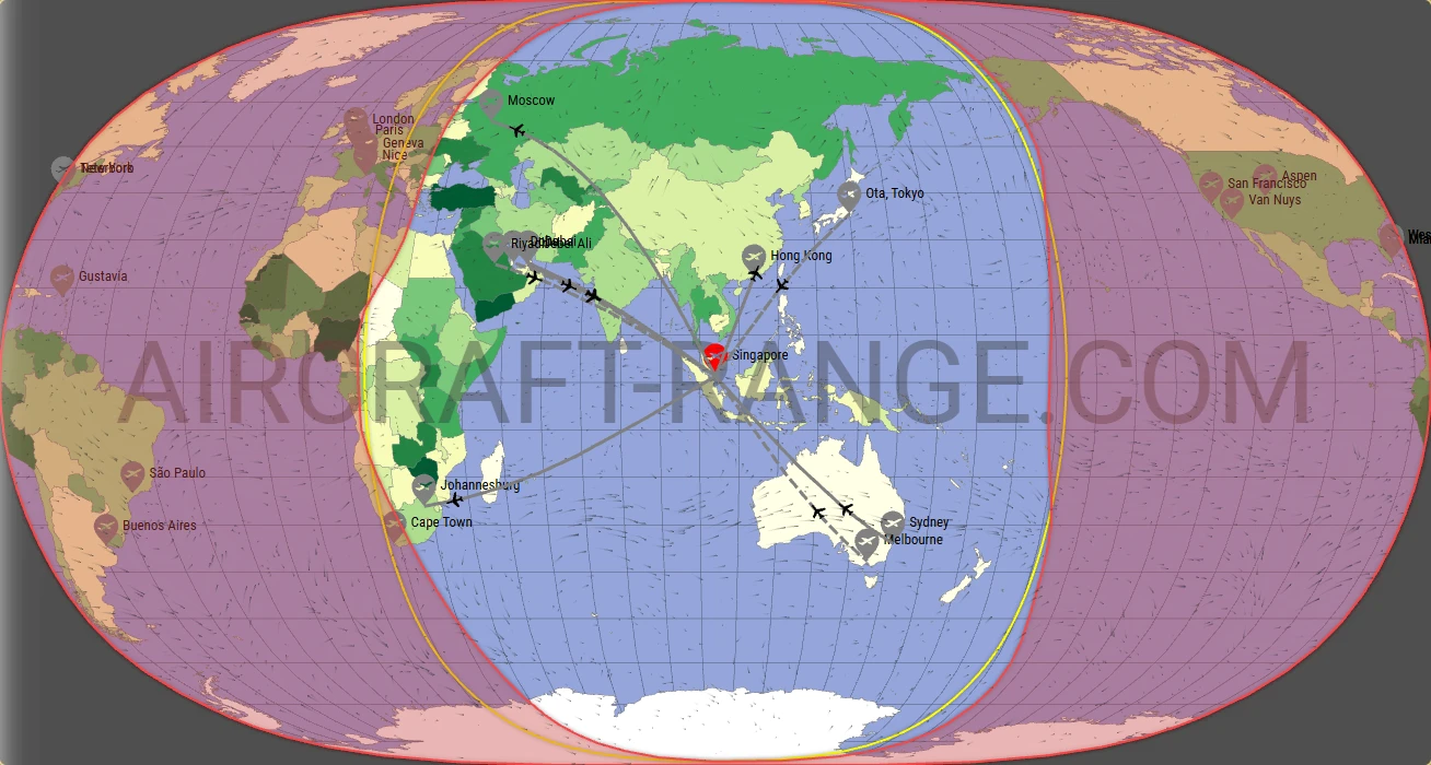 Gulfstream G500 broker route map from Singapore Changi Airport (WSSS)