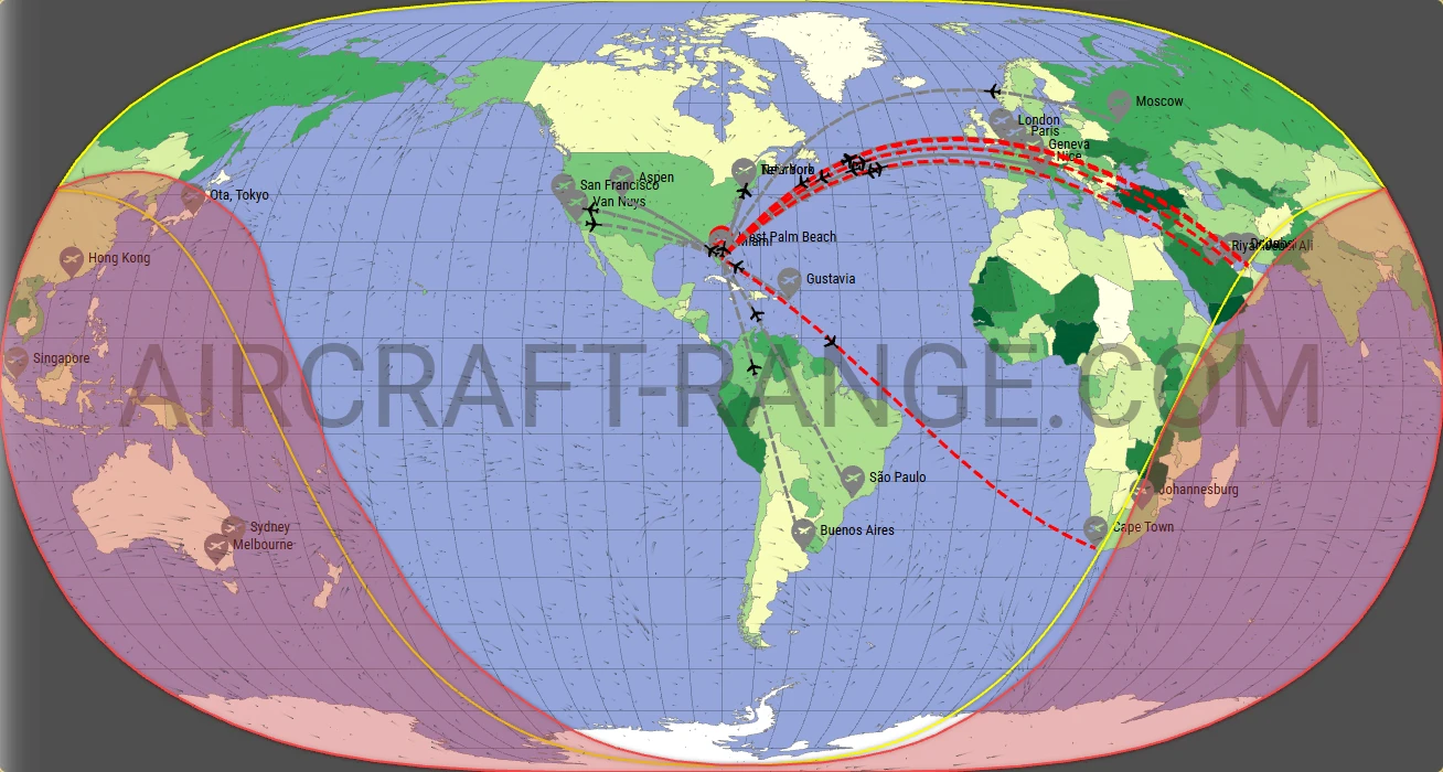 Gulfstream G550 broker route map from Palm Beach International Airport (KPBI)