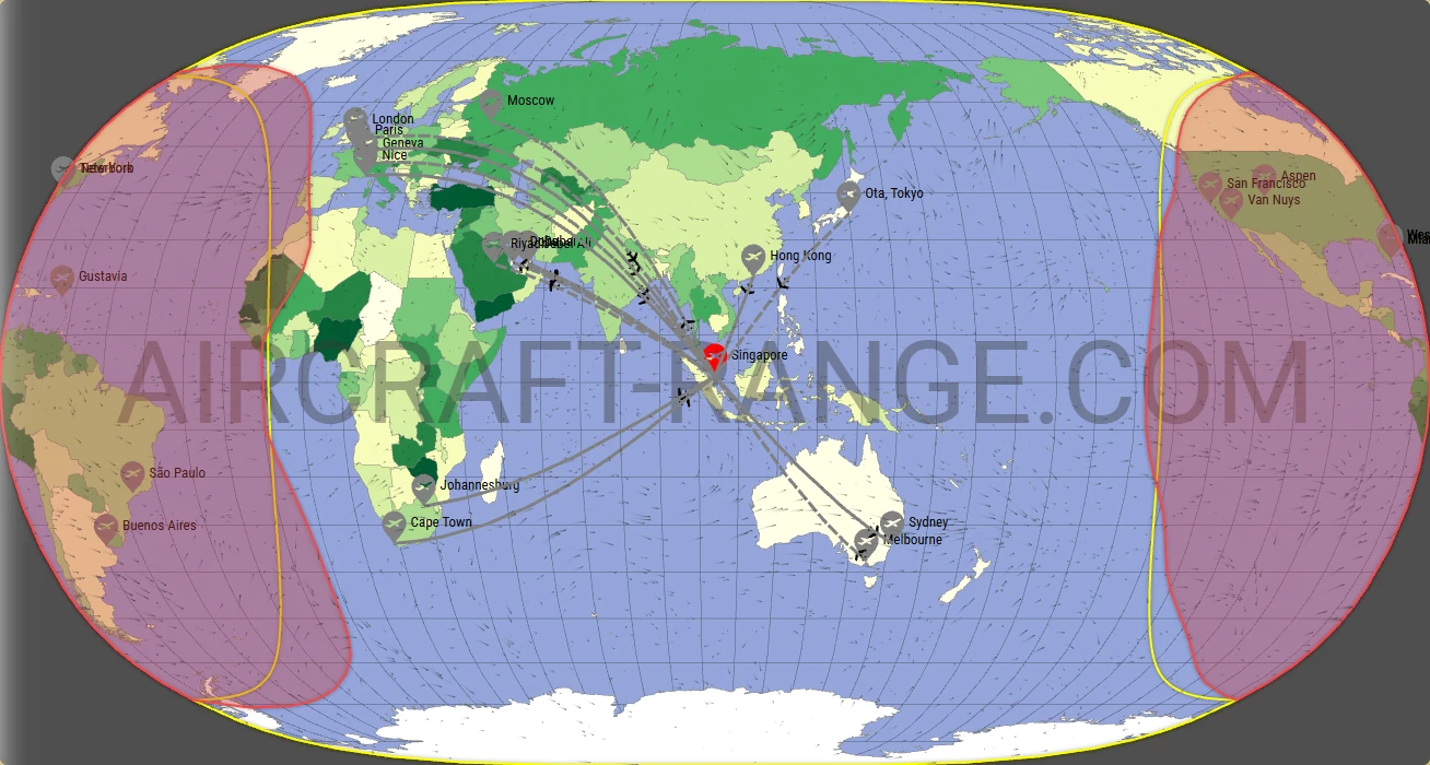 Gulfstream G550 broker route map from Singapore Changi Airport (WSSS)