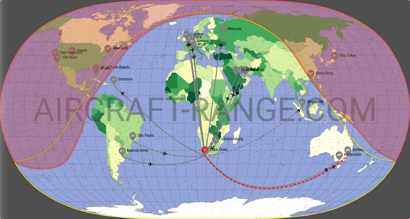 Gulfstream G600 broker route map from Cape Town International Airport (FACT)